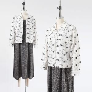 Vintage 90s White Linen Jacket Black Floral Embroidered Zipper Front Jacket